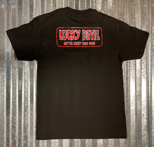 Load image into Gallery viewer, Lucky Devil &quot;Better Lucky Than Good&quot; Black T-Shirt with Red and White.
