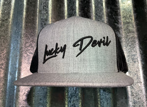 Lucky Devil FlatBill Snapback Hat in Heather Grey Cotton and Black Mesh. With "ShamRock" Tag