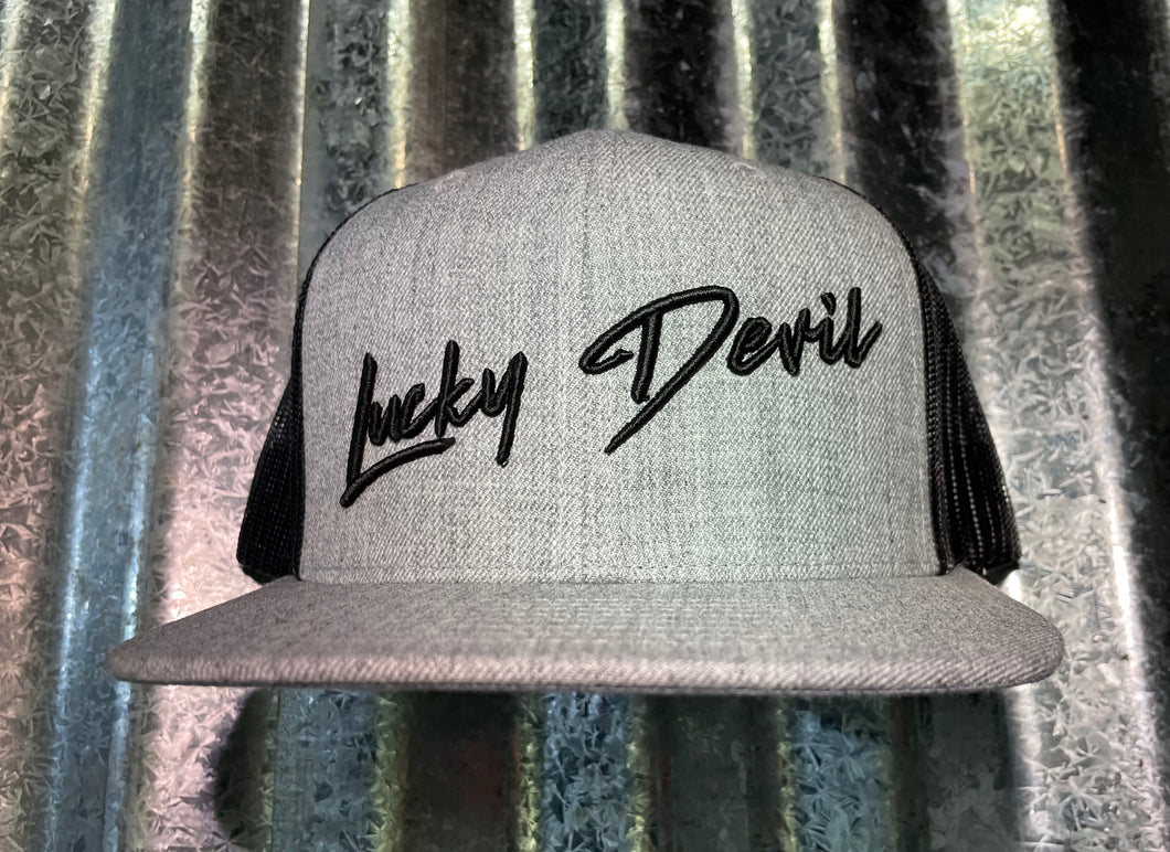 Lucky Devil FlatBill Snapback Hat in Heather Grey Cotton and Black Mesh. With 