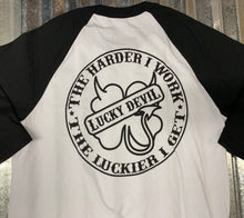 Load image into Gallery viewer, Lucky Devil &quot;The Harder I Work &quot; 3/4 Sleeve Raglan/ Practice Jersey Black &amp; White
