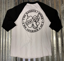 Load image into Gallery viewer, Lucky Devil &quot;The Harder I Work &quot; 3/4 Sleeve Raglan/ Practice Jersey Black &amp; White
