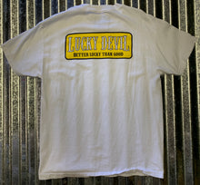Load image into Gallery viewer, Lucky Devil &quot;Better Lucky Than Good&quot; White T-shirt W/ Yellow &amp; Black
