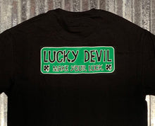 Load image into Gallery viewer, Lucky Devil &quot;Make Your Luck&quot; Black T-Shirt with Green and White.
