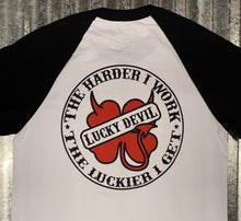 Load image into Gallery viewer, Lucky Devil &quot;The Harder I Work &quot; Raglan/ Practice Jersey Black with Red ShamRock
