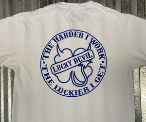 Lucky Devil "The Harder I Work"  T-shirt In  White & Blue